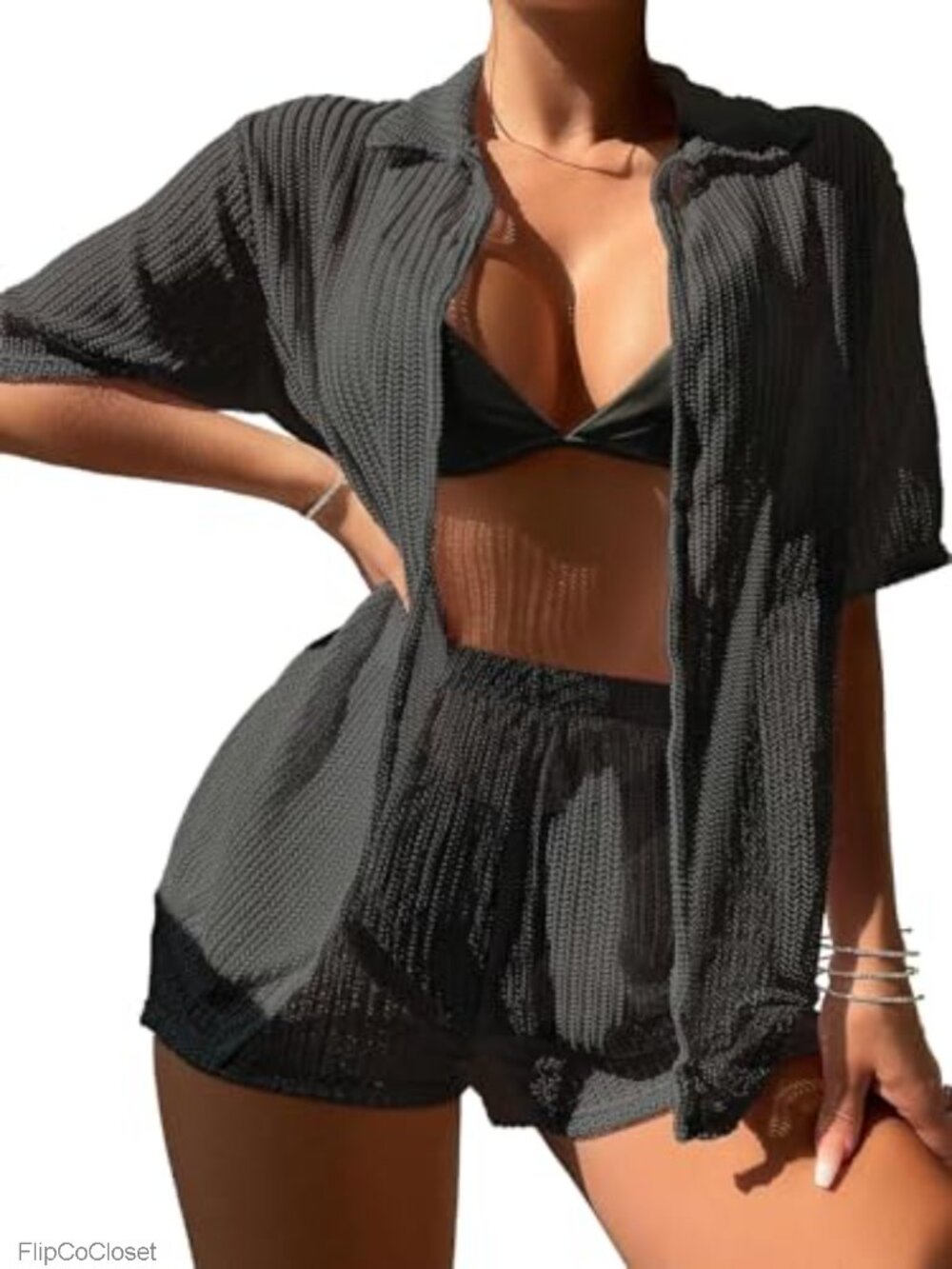 Crochet 2 Piece Swimsuit Cover Up Set Cardigan & Short Pant Beachwear